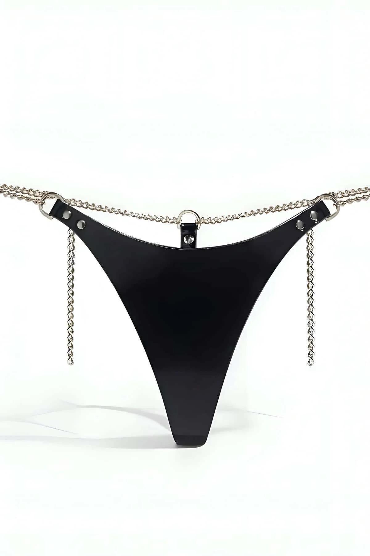 Thong Harness with Faux Leather Straps & Waist Chain