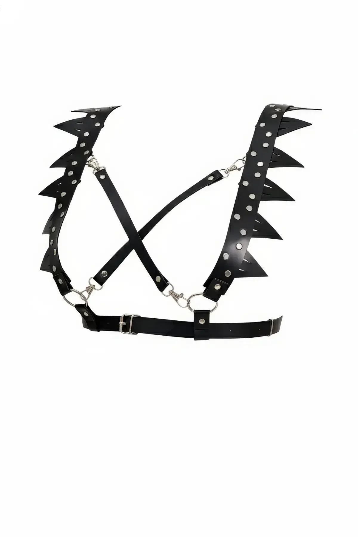 Spiked Shoulder Harness Bra with Studded Faux Leather