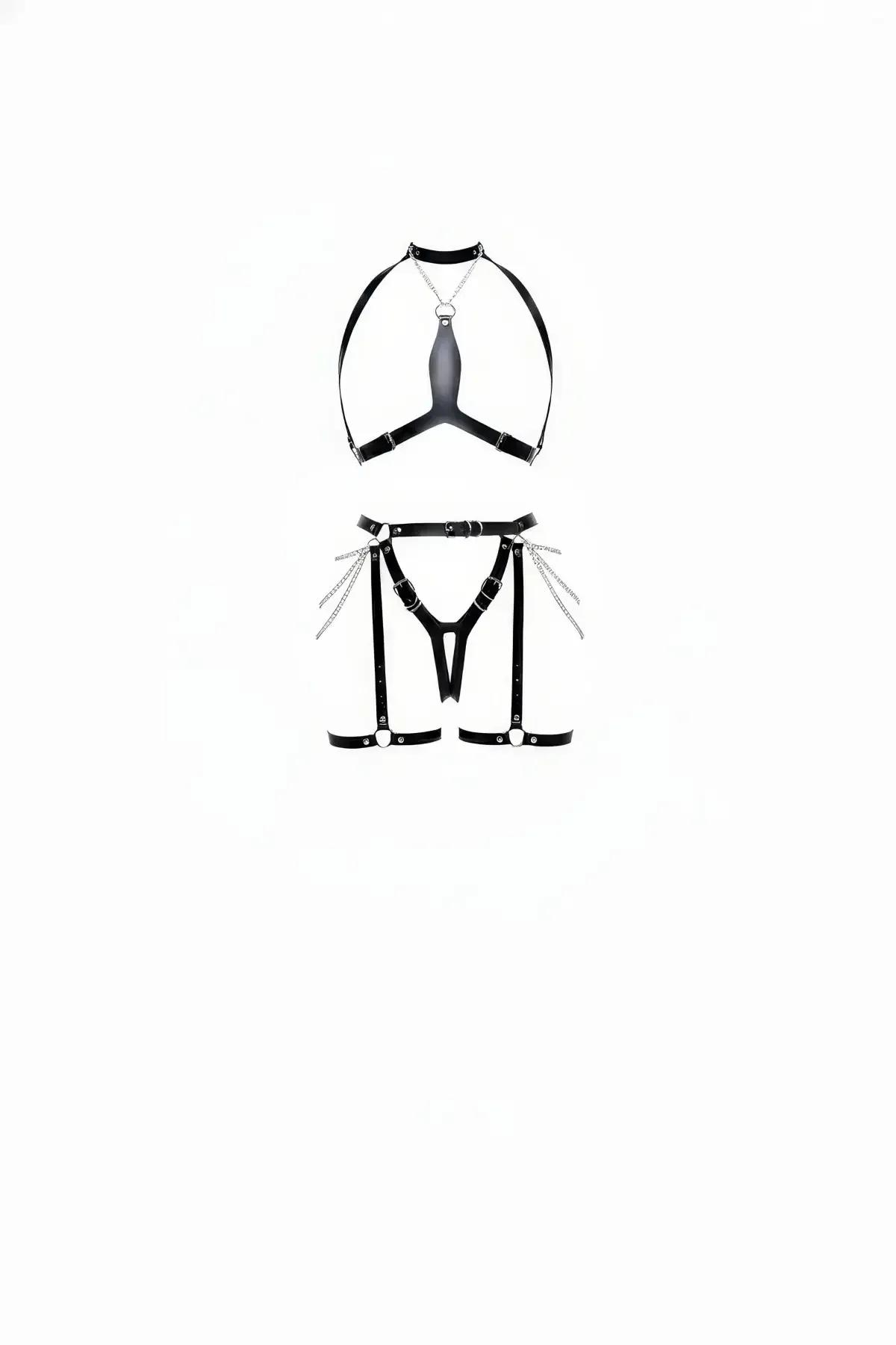 Faux Leather Harness Set with Chain Details