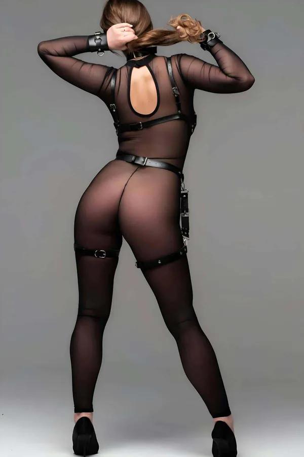 Open Bust Faux Leather Body Harness with Garter Straps