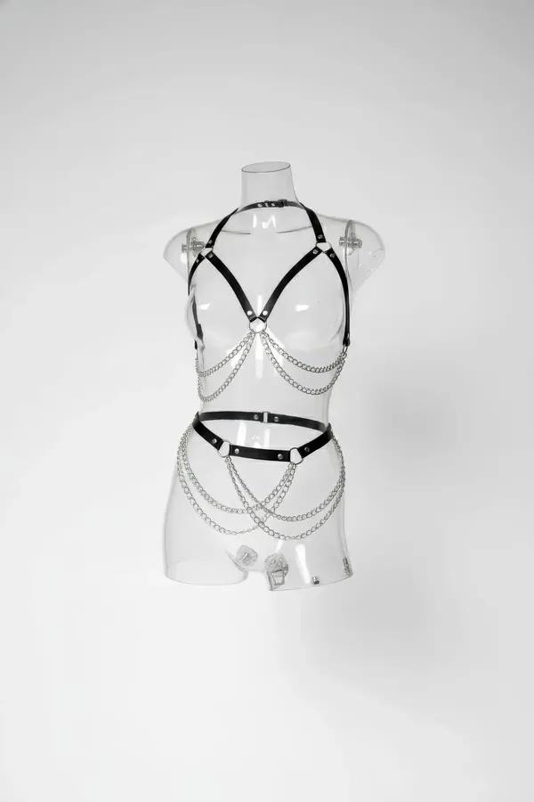Adjustable Faux Leather Harness Set with Cascading Chains