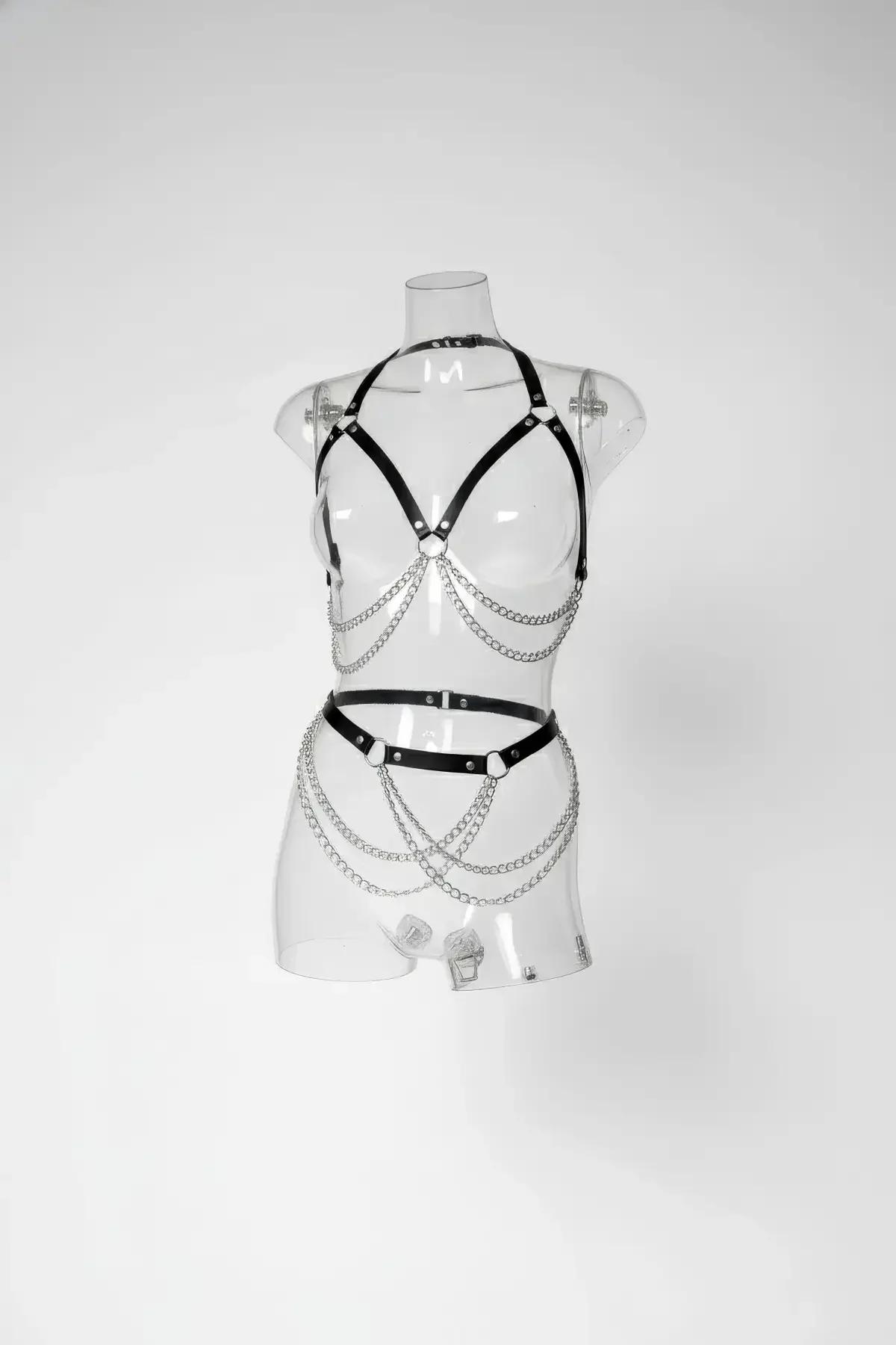 Adjustable Faux Leather Harness Set with Cascading Chains