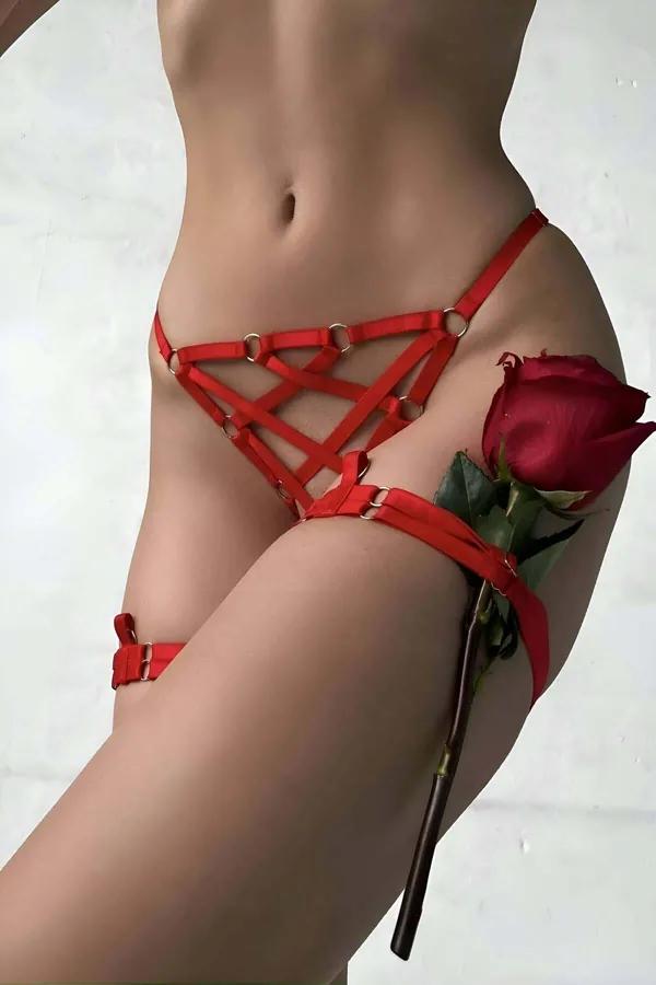 Red Caged Thong Harness with Detachable Leg Bands