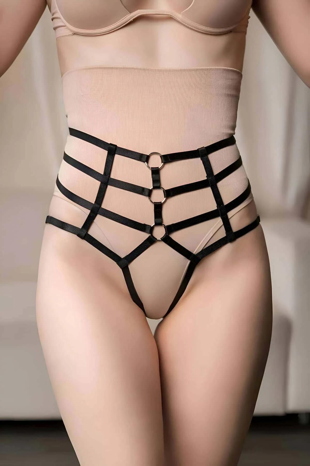 High Waist Crotchless Harness Thong with O-Rings