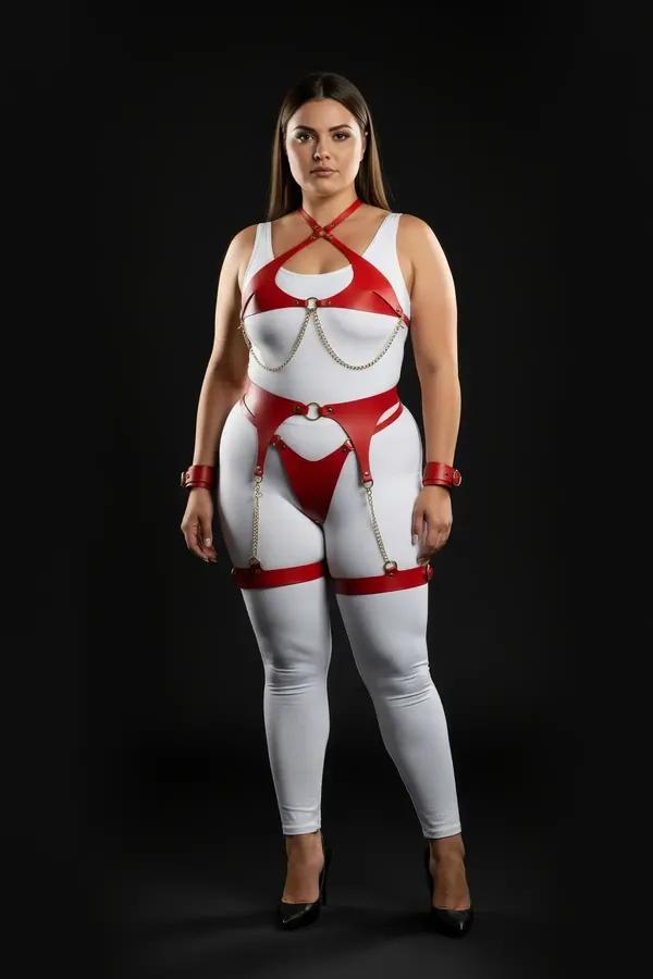 Red Faux Leather Harness Set with Chains & Garter Straps