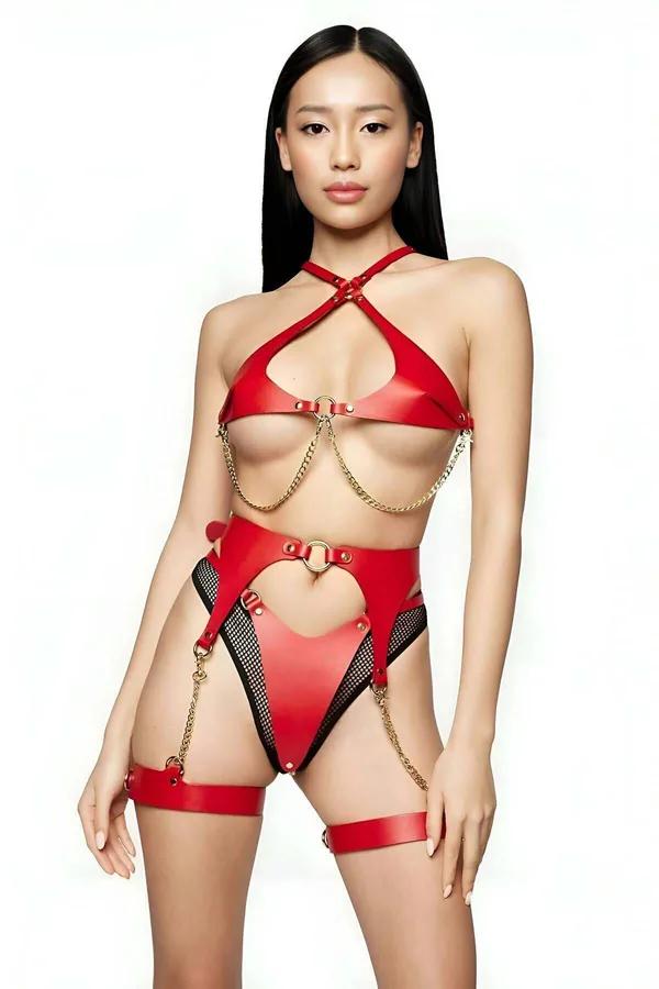 Red Heart Halter Harness Set with Gold Chains