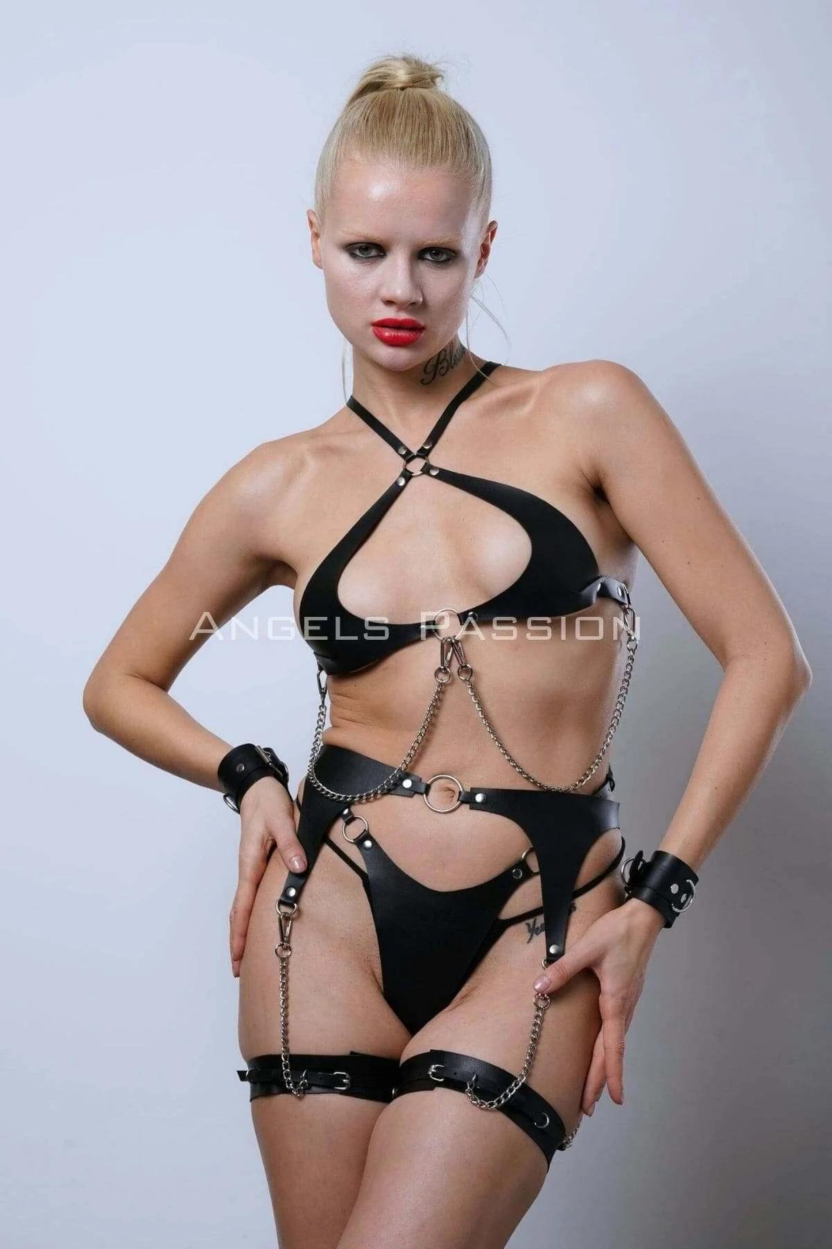 Strappy Faux Leather Harness Set with Chain Details