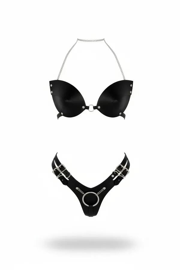 Faux Leather Halter Bralette & Thong Harness Set