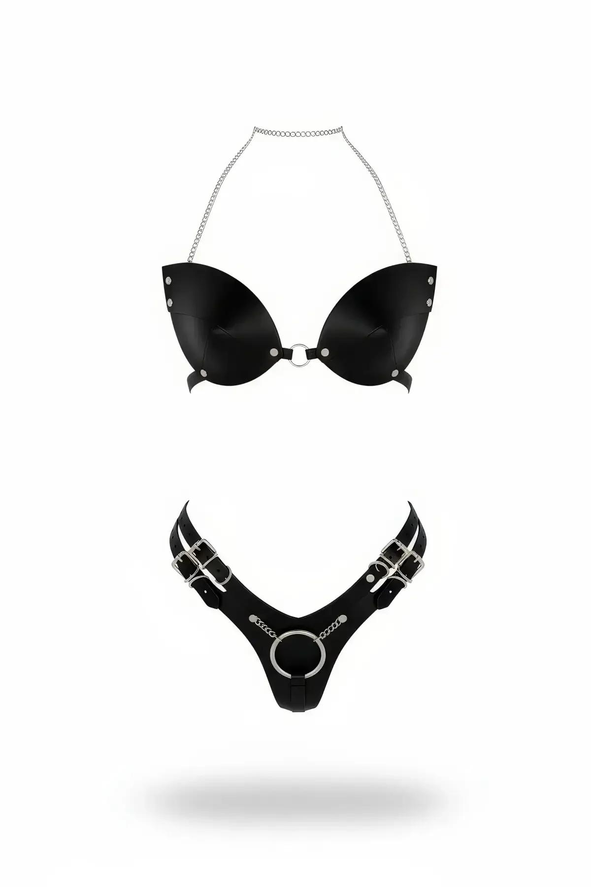 Faux Leather Halter Bralette & Thong Harness Set