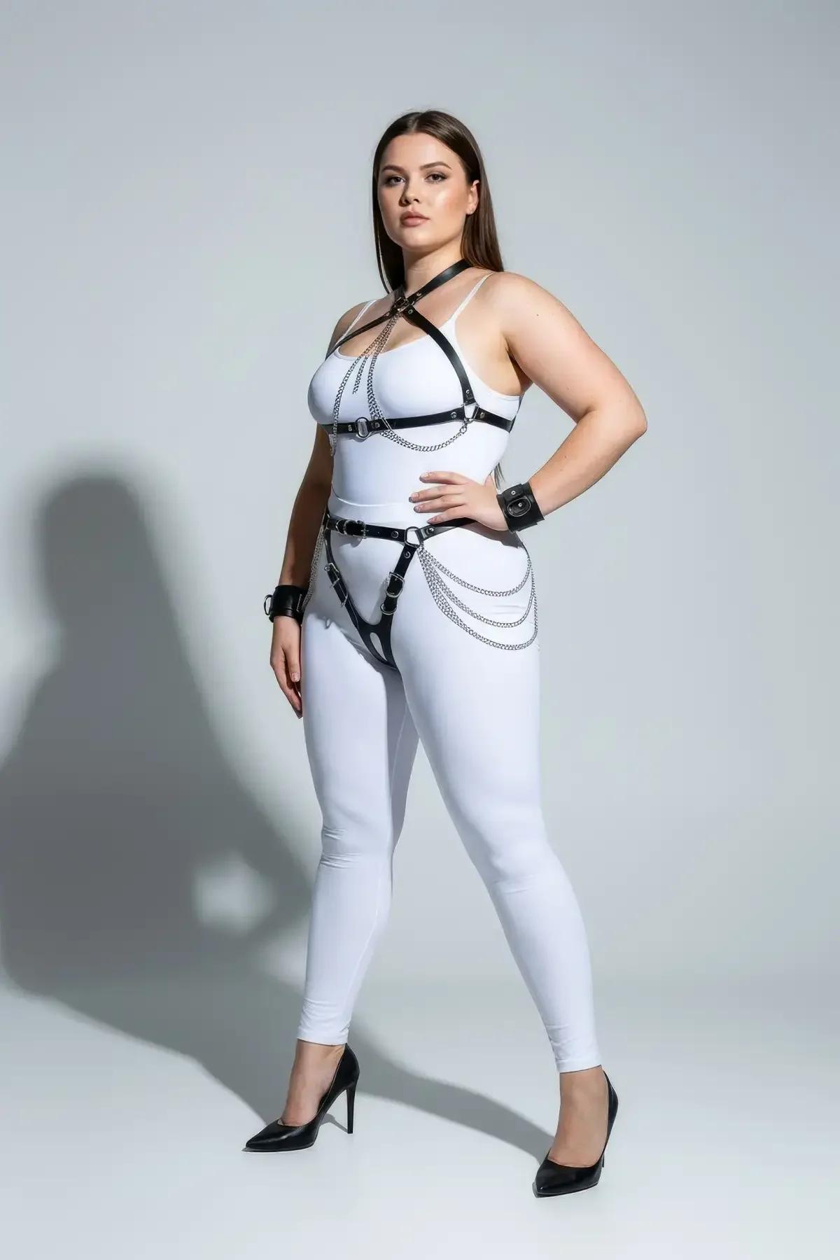 Black Faux Leather Full Body Harness with Choker & Cuffs