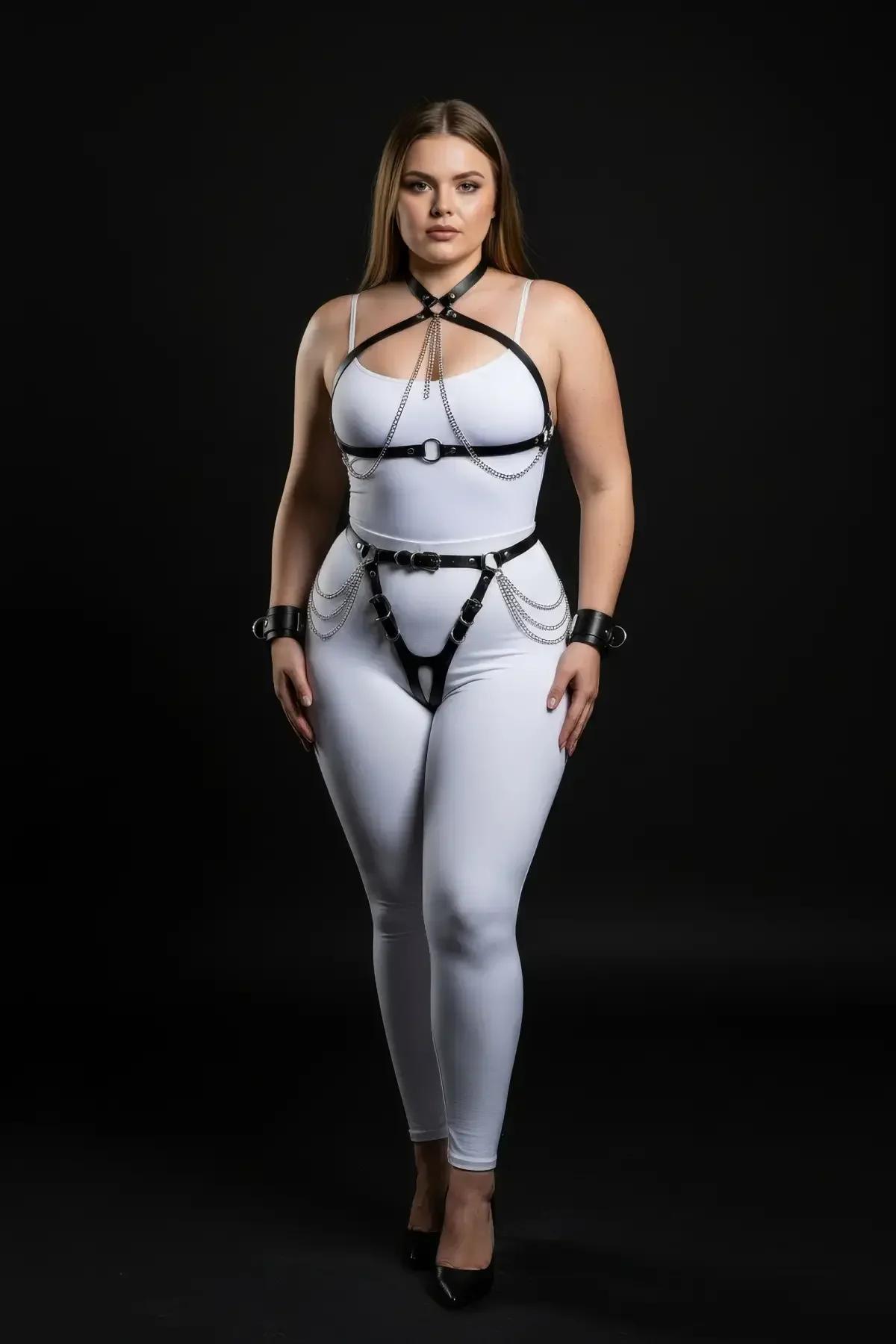 Black Faux Leather Full Body Harness with Choker & Cuffs