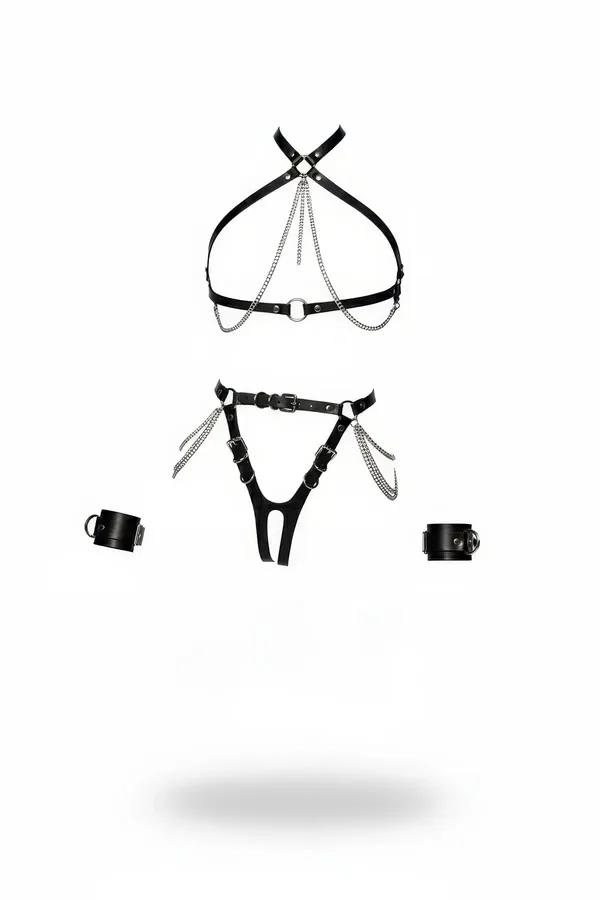 Chain Detail Faux Leather Harness Set with Cuffs