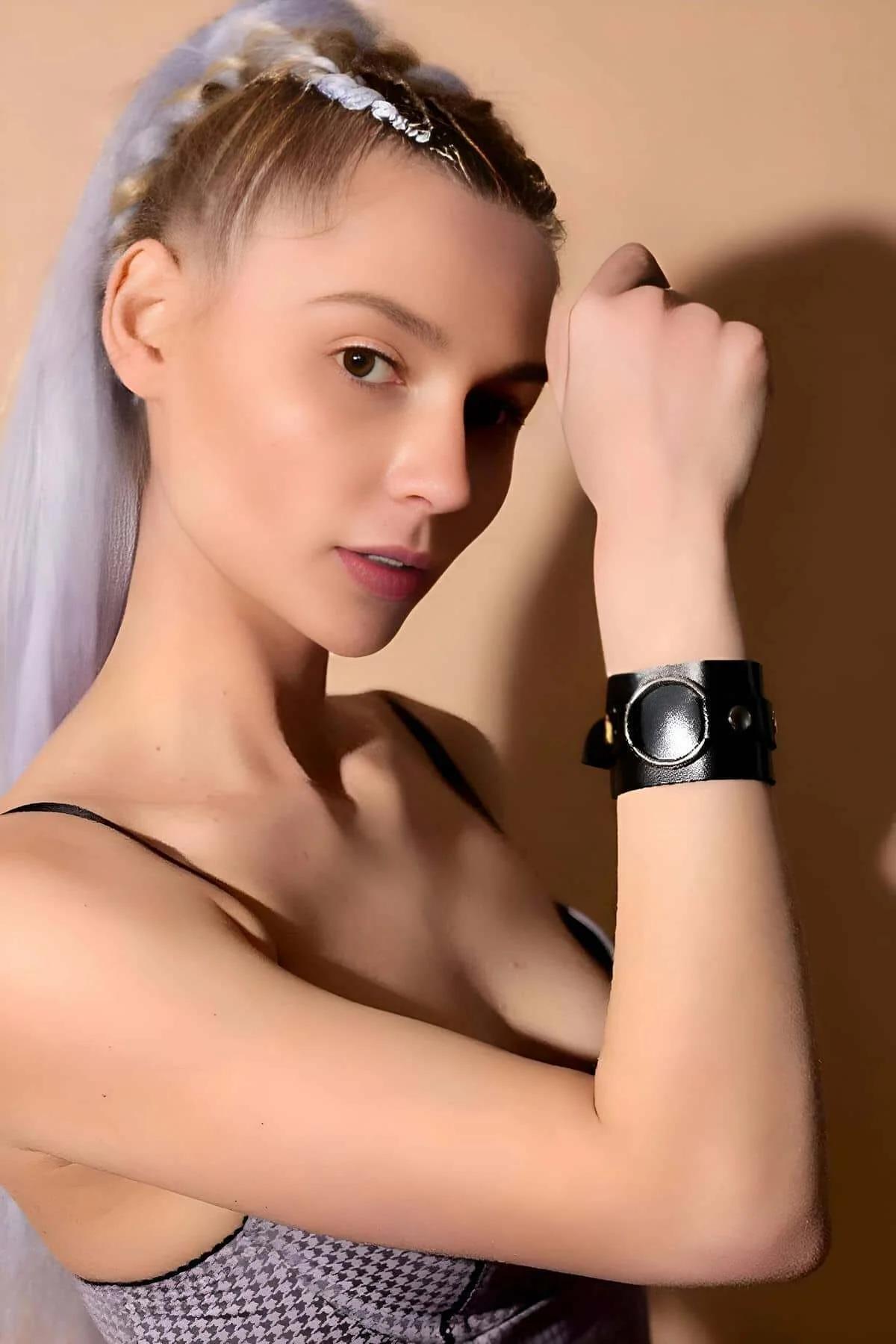 Adjustable Black Faux Leather Wrist Cuff with Metal Ring Detail