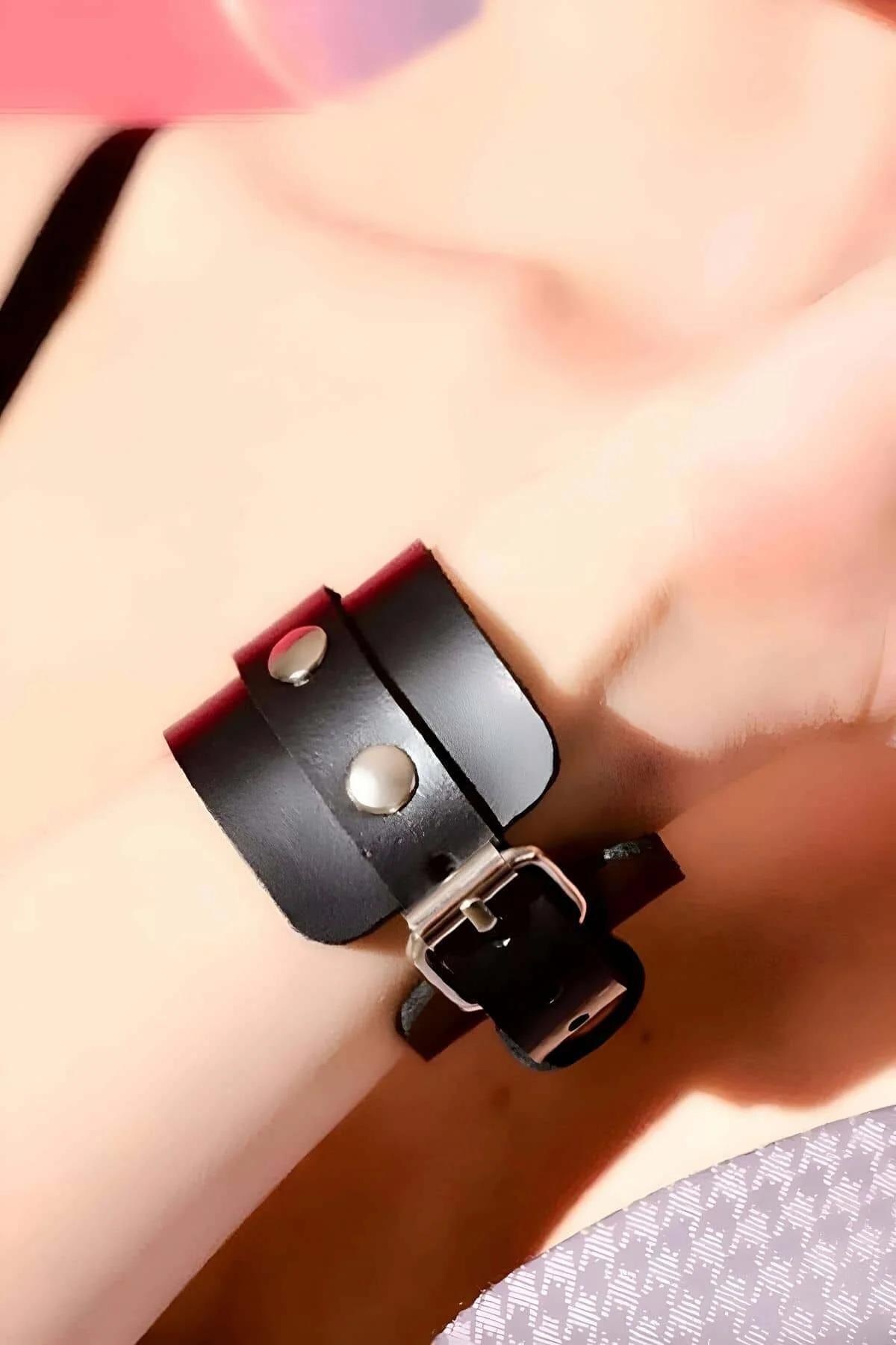 Adjustable Black Faux Leather Wrist Cuff with Metal Ring Detail