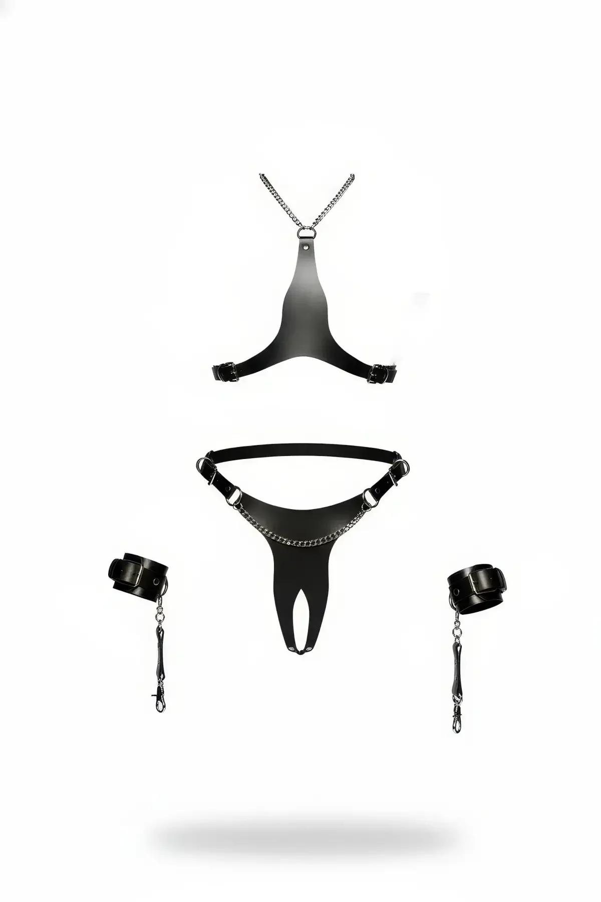 Four-Piece Faux Leather Body Harness Set with Chains