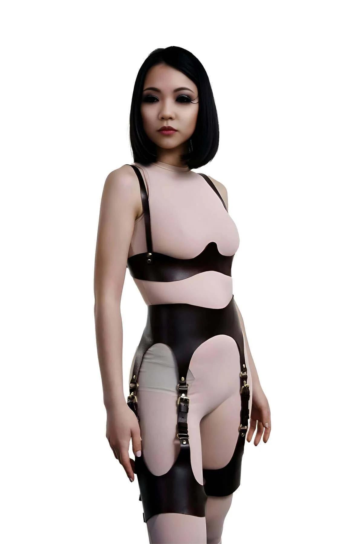 Dark Brown Faux Leather Harness Garter Set
