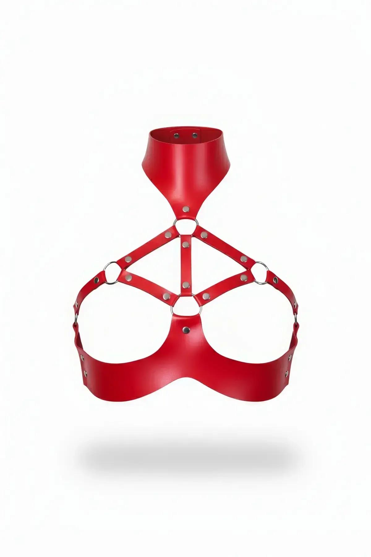 High-Neck Faux Leather Chest Harness with O-Ring Details