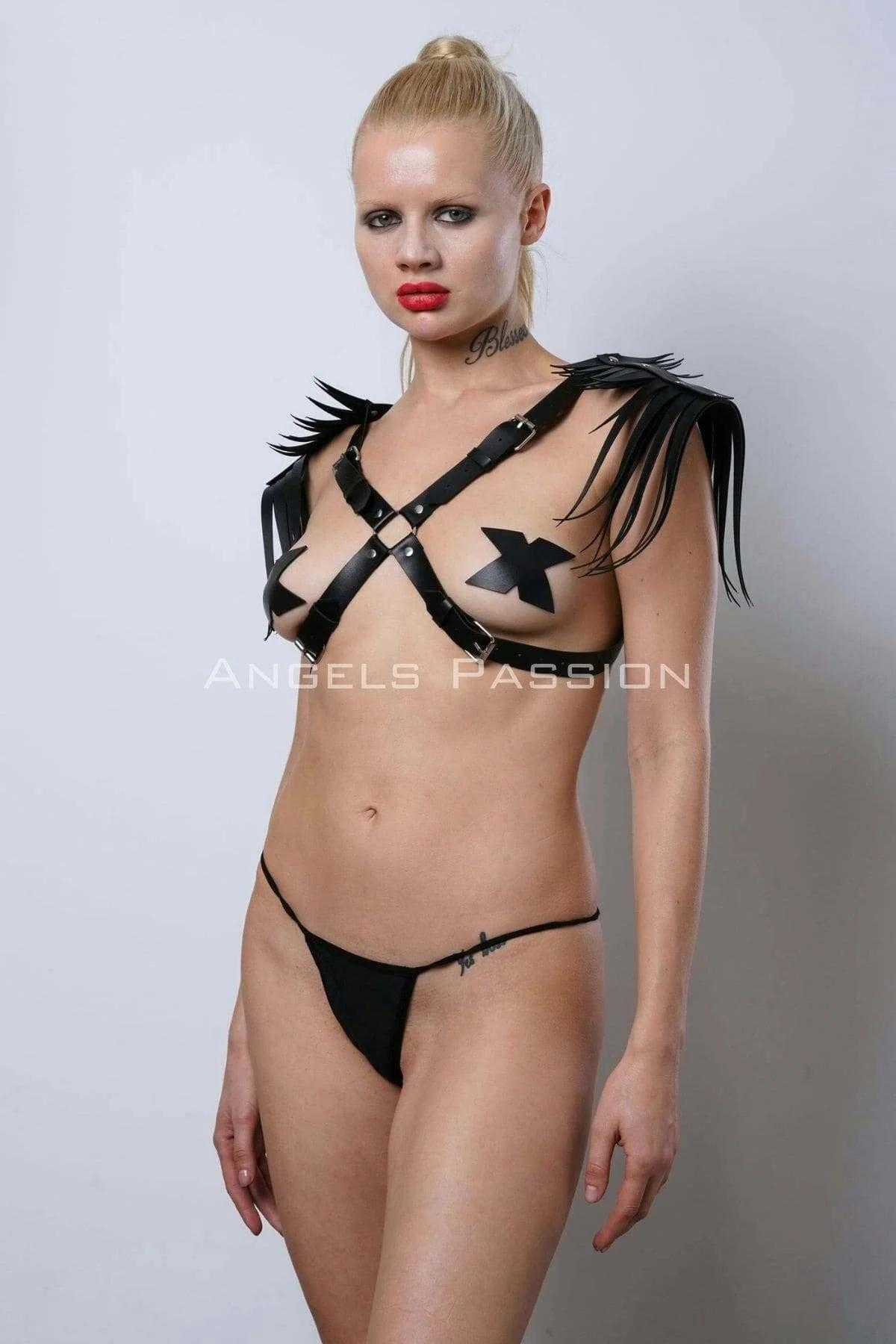 Black Faux Leather Shoulder Harness with Fringe