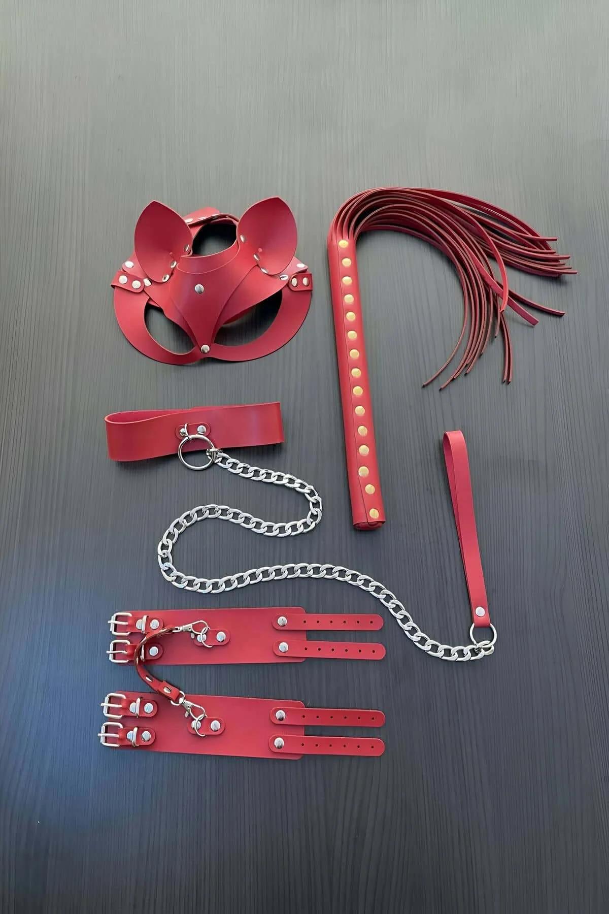 Red Faux Leather Fantasy Mask & Restraint Set