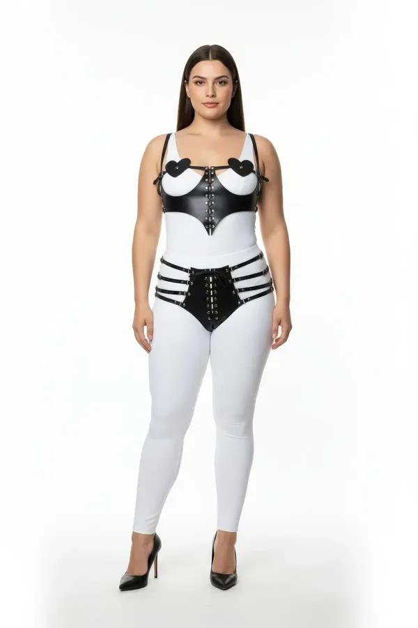 Heart Detail Faux Leather Harness Set with Corset Accents