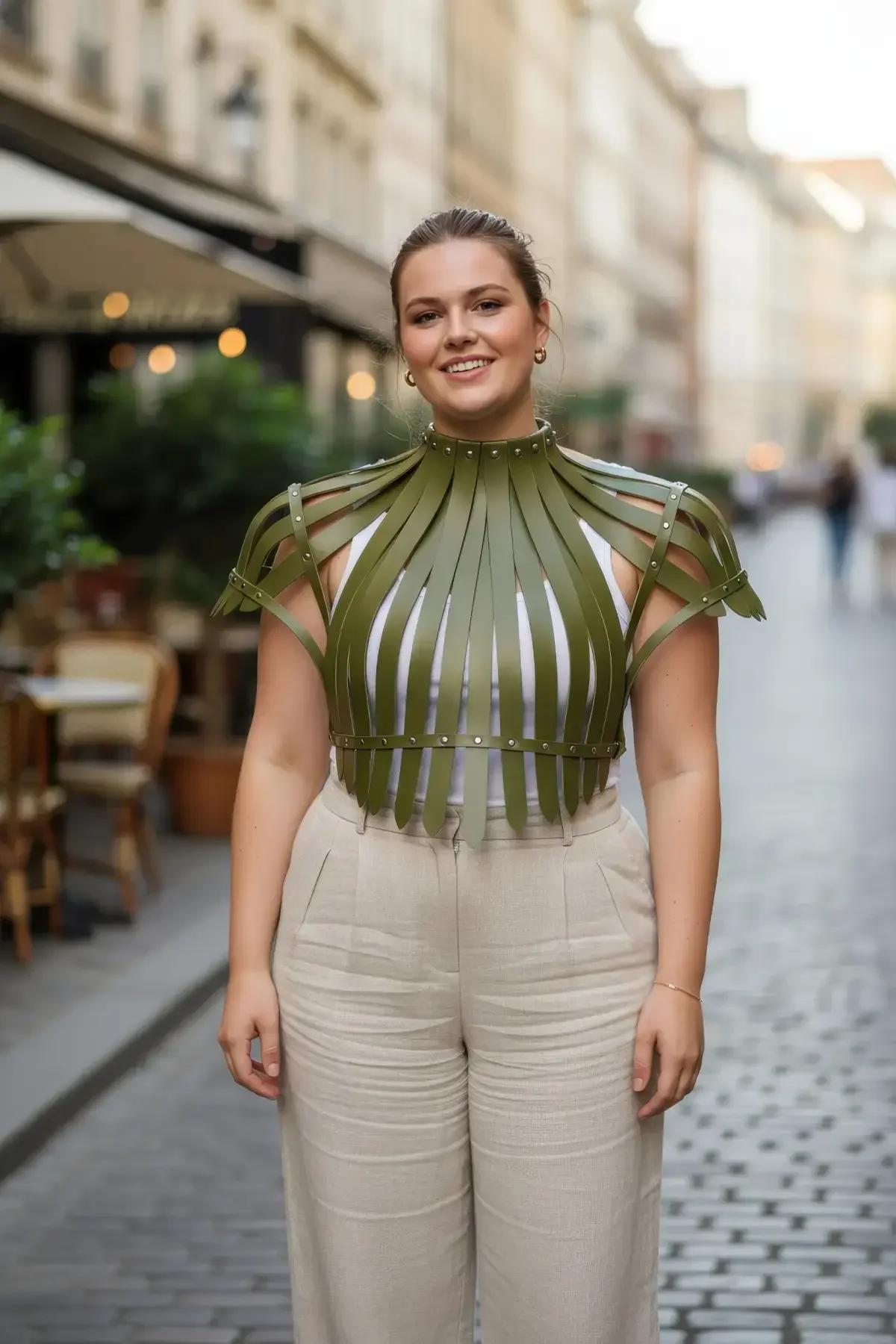 Olive Faux Leather Ribbed Cage Shrug Harness Top