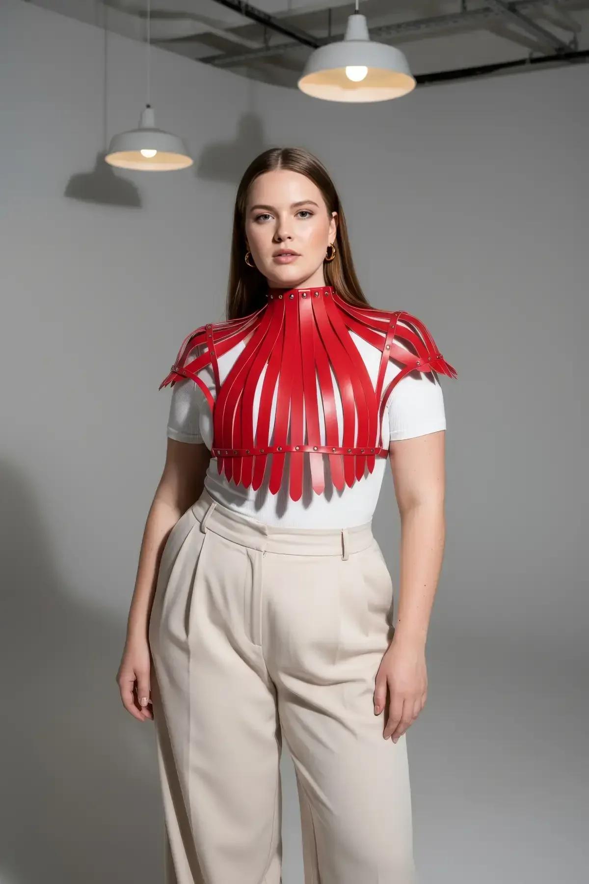 Red Sculptural High-Neck Faux Leather Harness