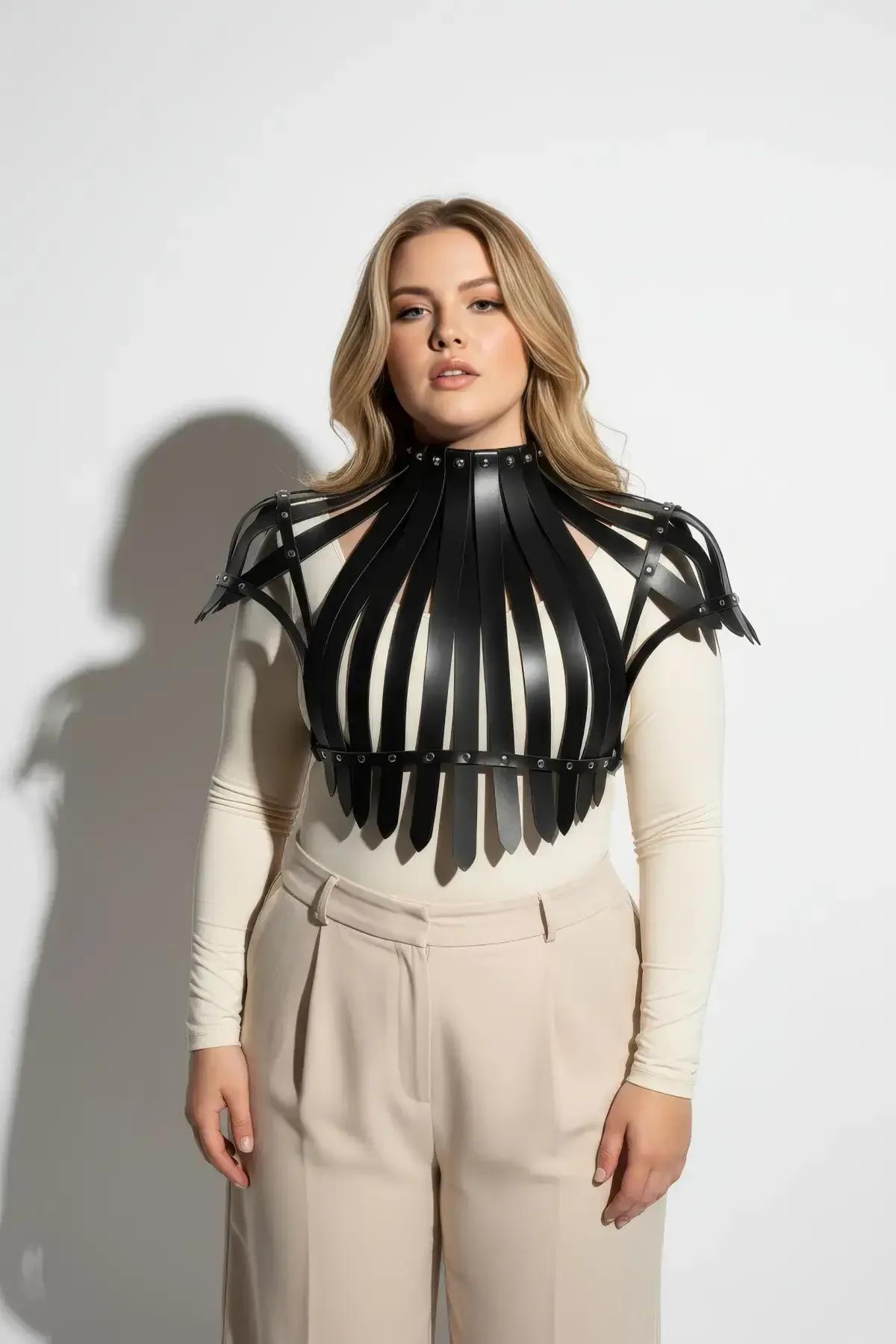 Studded Faux Leather Shoulder and Torso Cage Harness