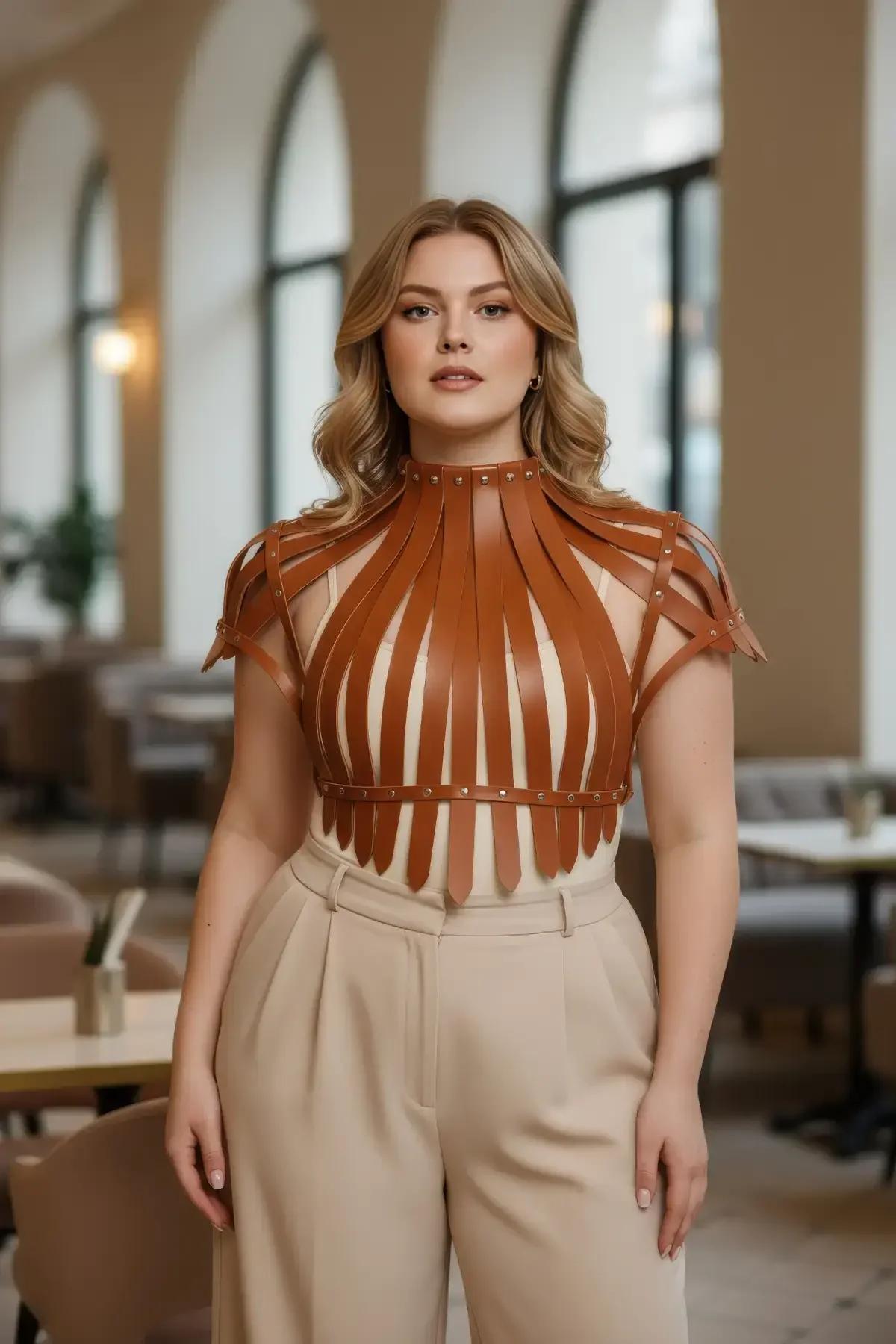 Tan Faux Leather High-Neck Harness Top with Studs