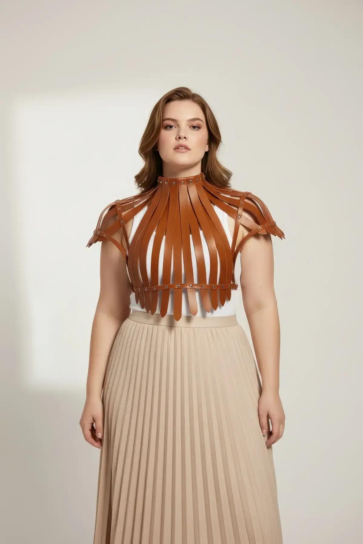 Tan Faux Leather High-Neck Harness Top with Studs