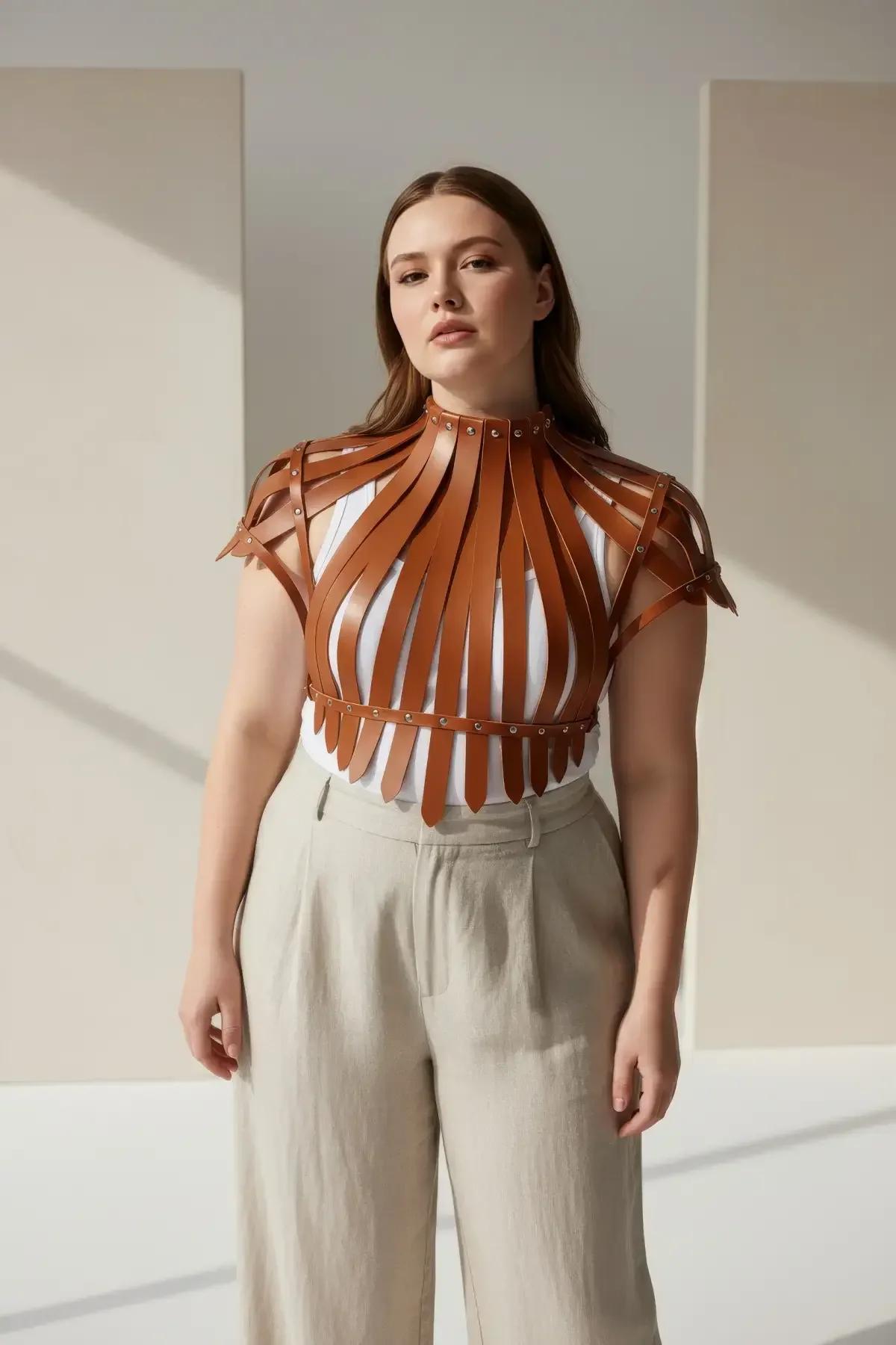 Tan Faux Leather High-Neck Harness Top with Studs