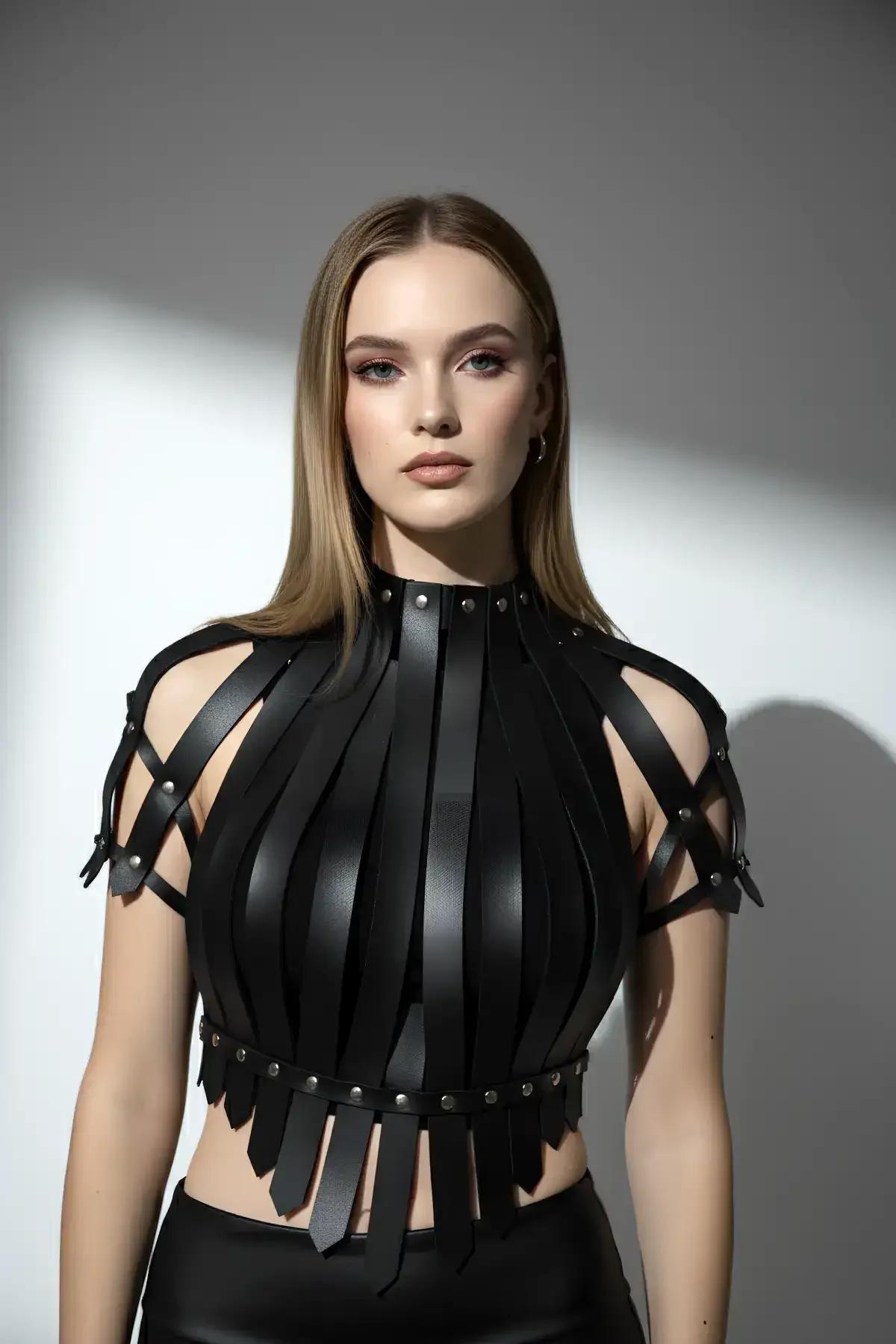 Black Faux Leather Studded Crop Harness Top