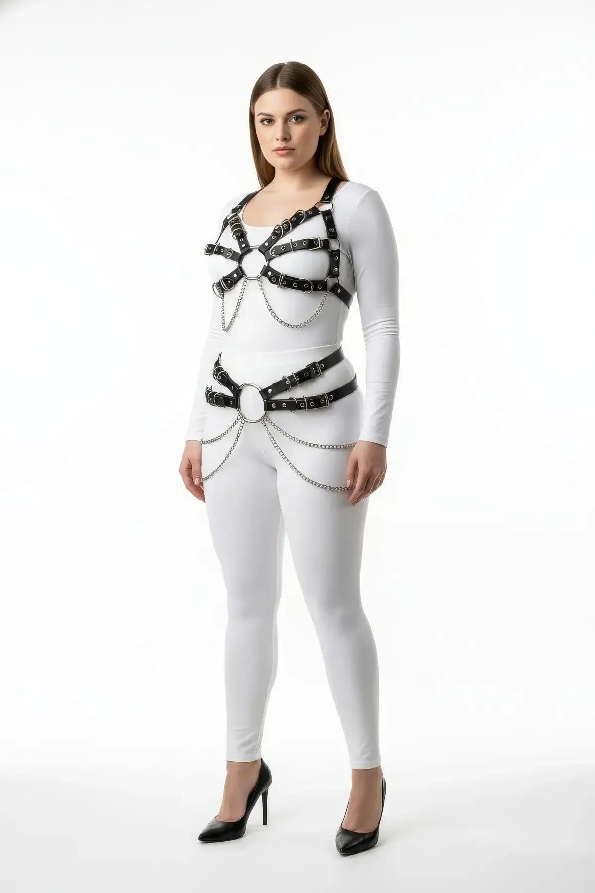Faux Leather Full Body Harness with O-Rings & Chains