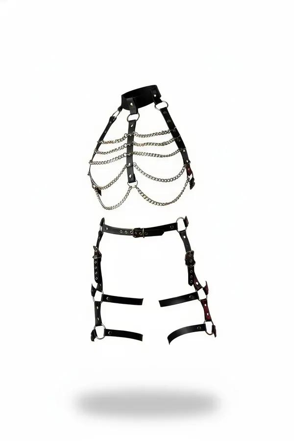 Chain Draped Faux Leather Body Harness Set
