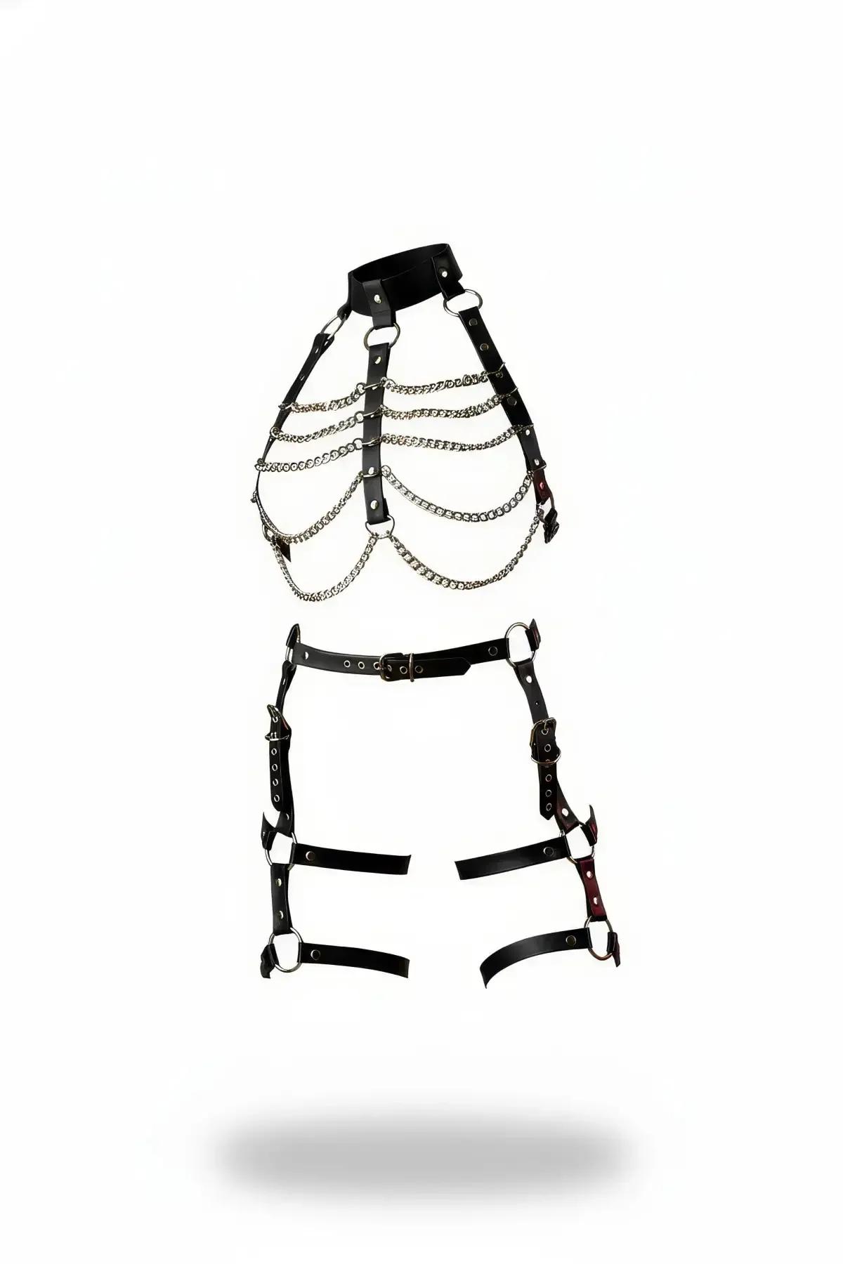 Chain Draped Faux Leather Body Harness Set