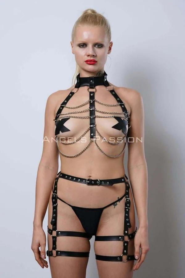 Faux Leather Full Body Harness with Chest Chains & Garters