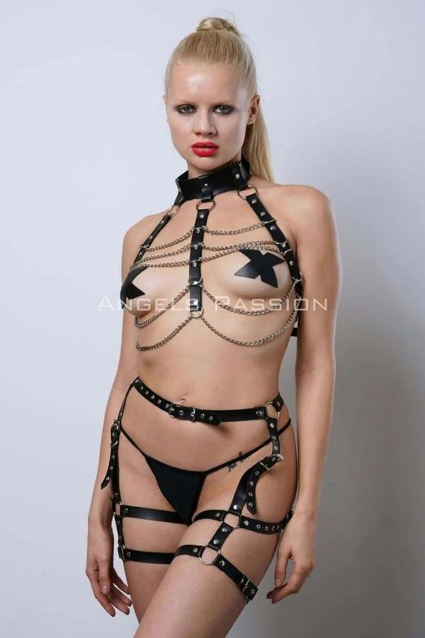 Faux Leather Full Body Harness with Chest Chains & Garters
