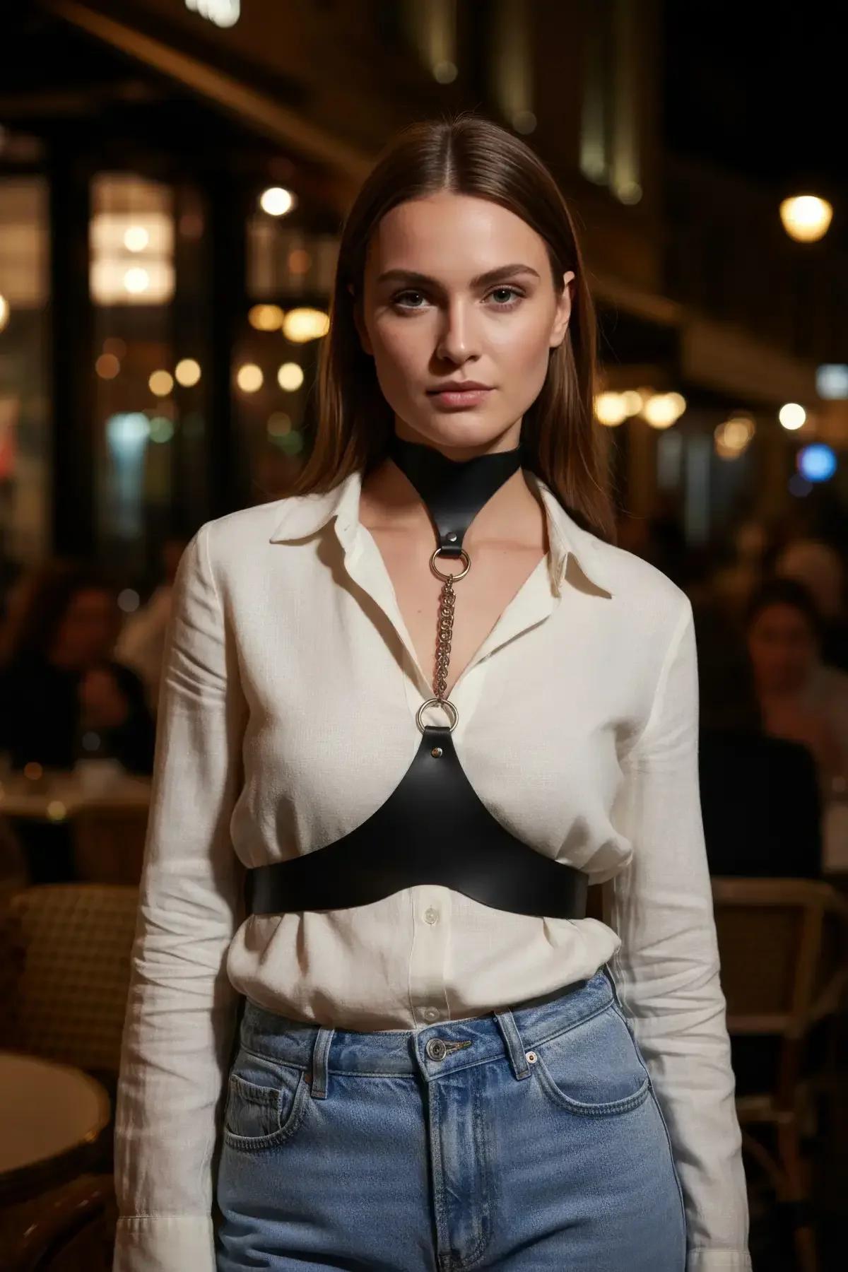 Faux Leather Underbust Harness with Wide Choker and Chain