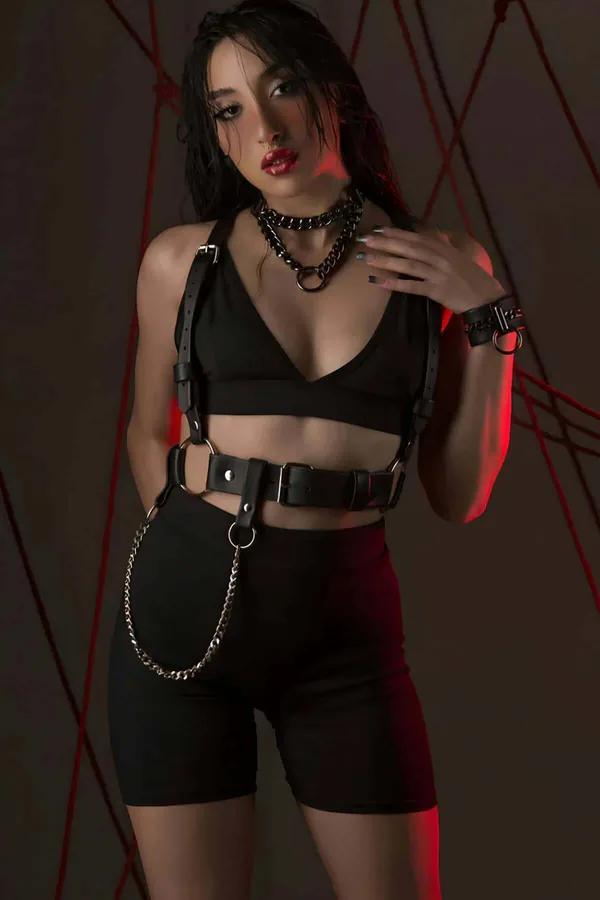 Adjustable Faux Leather Body Harness with Chain