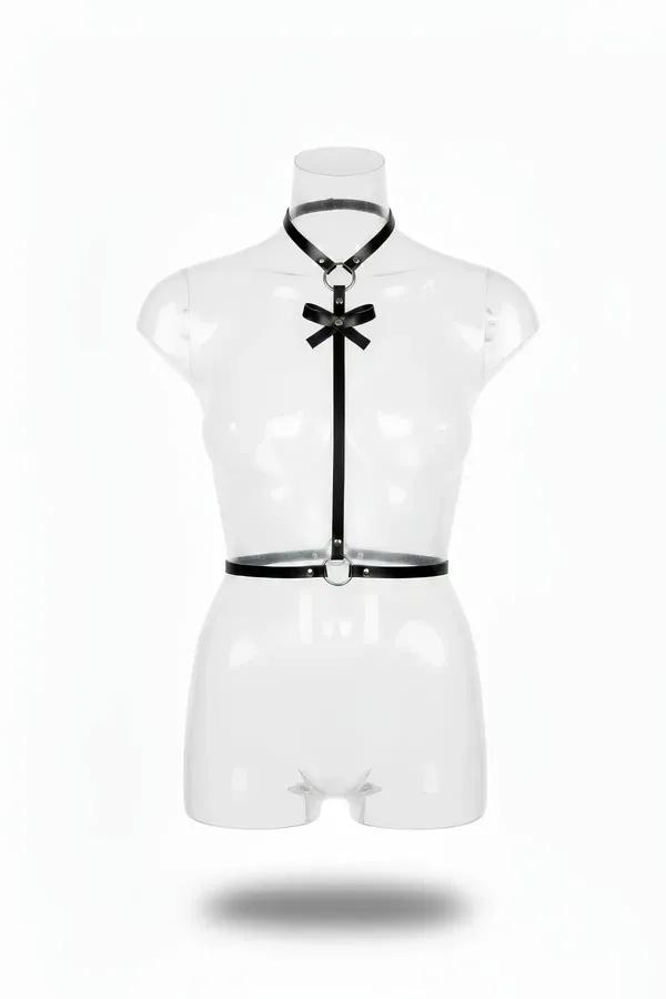 Bow Detail Choker-to-Waist Faux Leather Harness