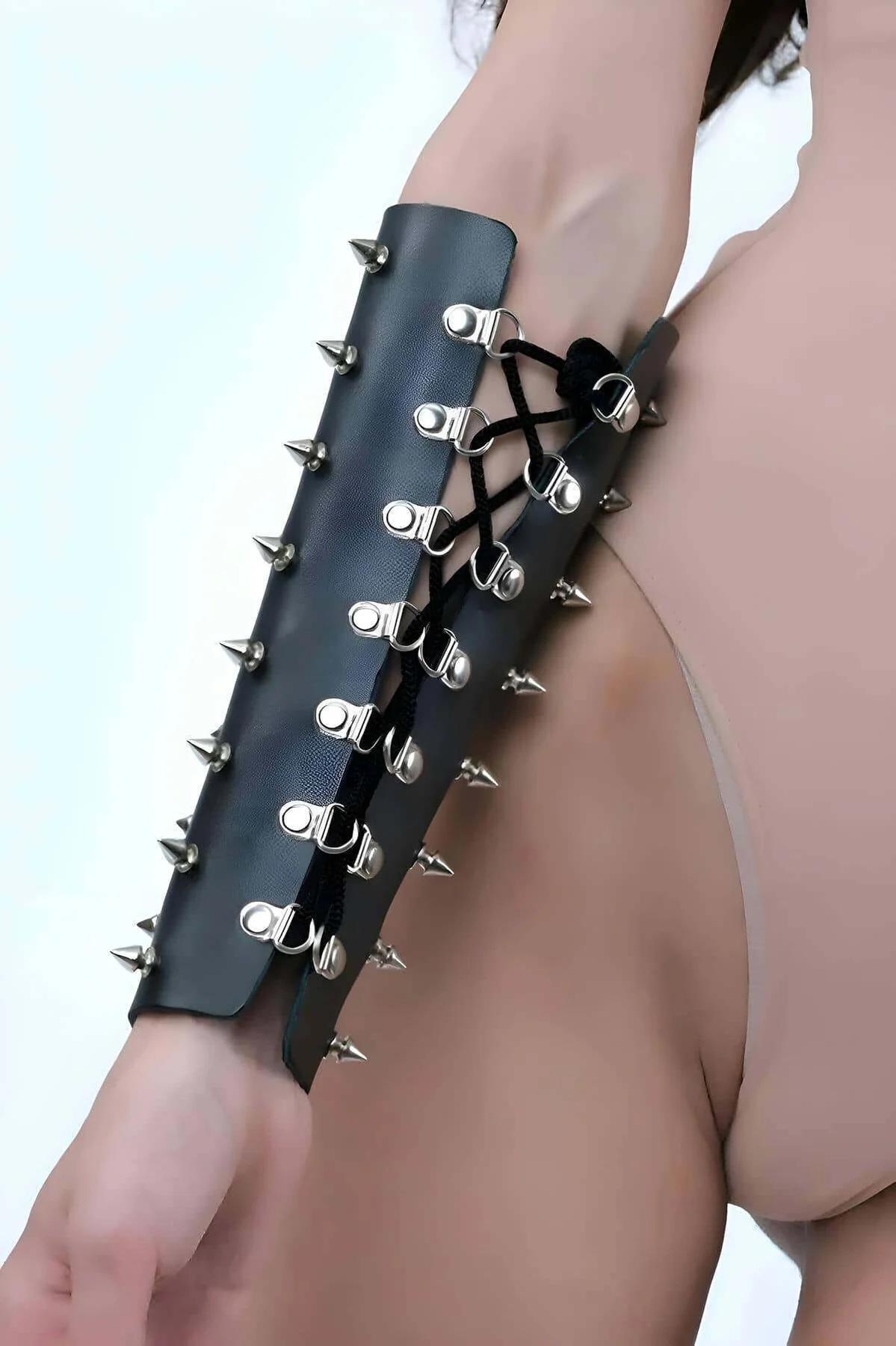 Spiked Arm Cuff Body Harness with Adjustable Lacing