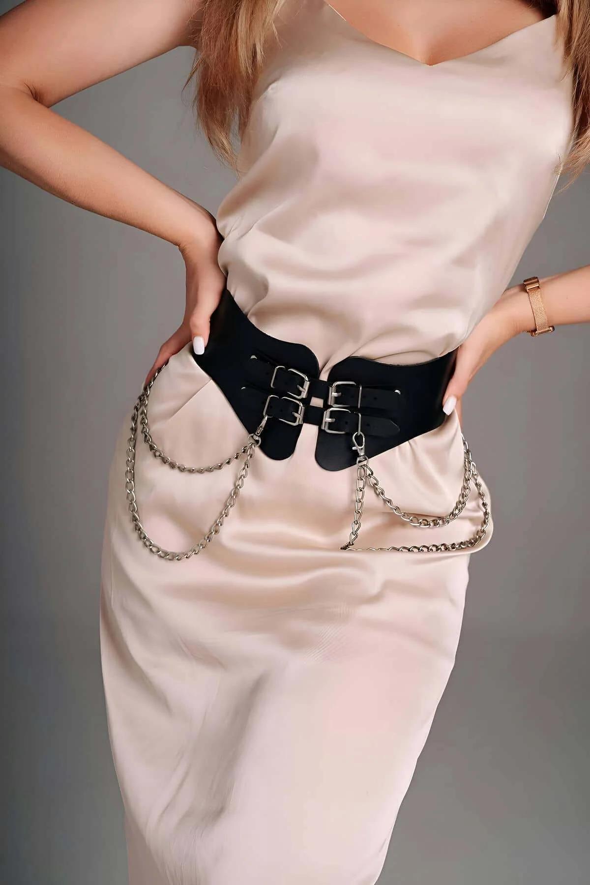 Wide Belt with Double Buckles & Chain Accent