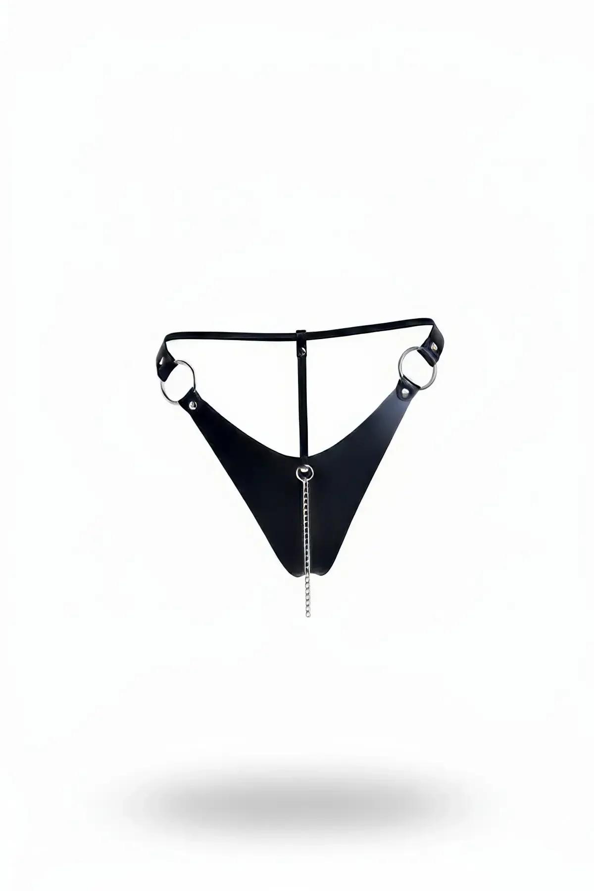 Faux Leather Thong Harness with O-Rings & Dangle Chain