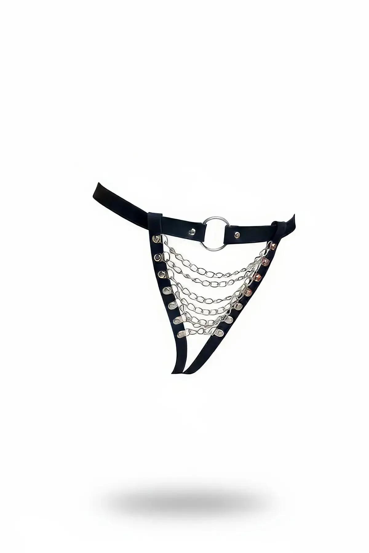 Faux Leather Harness Thong with Silver O-Ring & Chains
