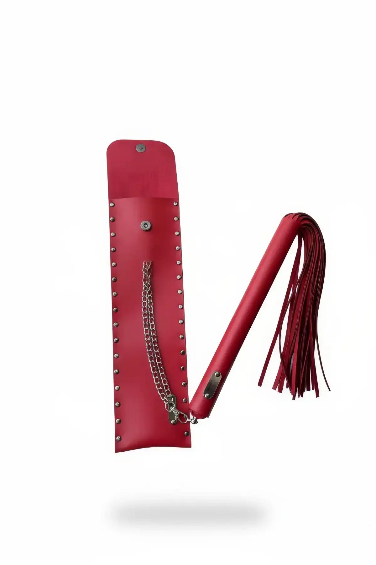 Red Faux Leather Whip with Studded Sheath & Chain Detail