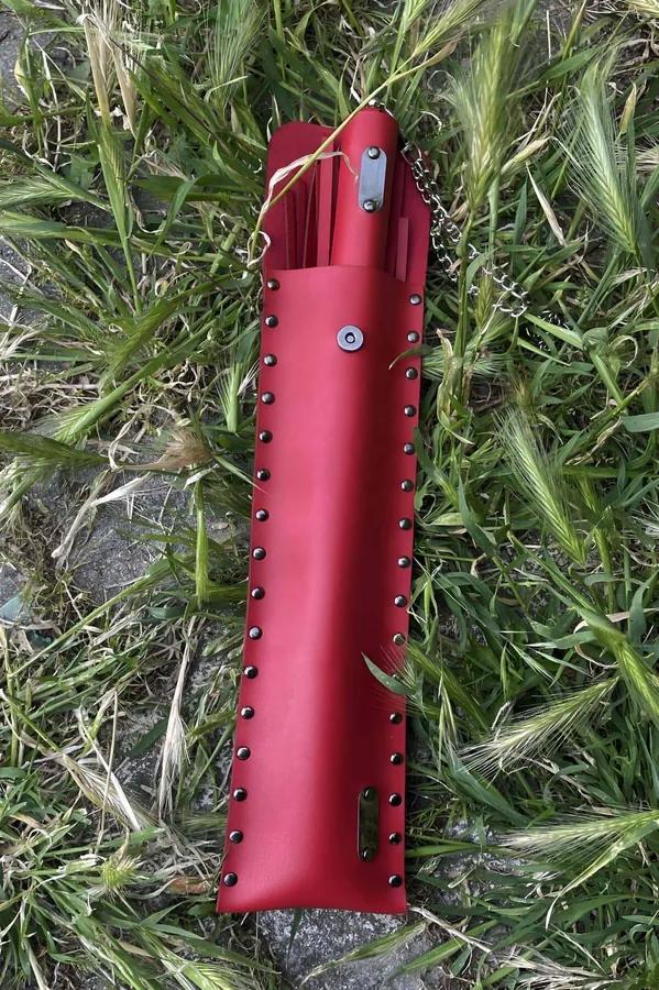 Red Faux Leather Fashion Flail with Studded Carry Pouch