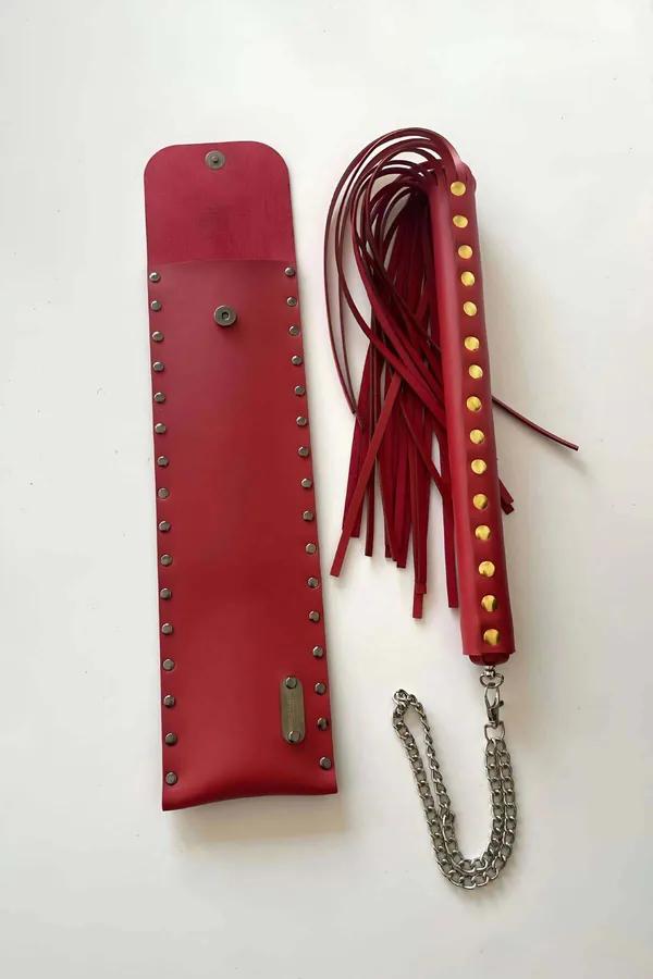 Red Faux Leather Fashion Flail with Studded Carry Pouch