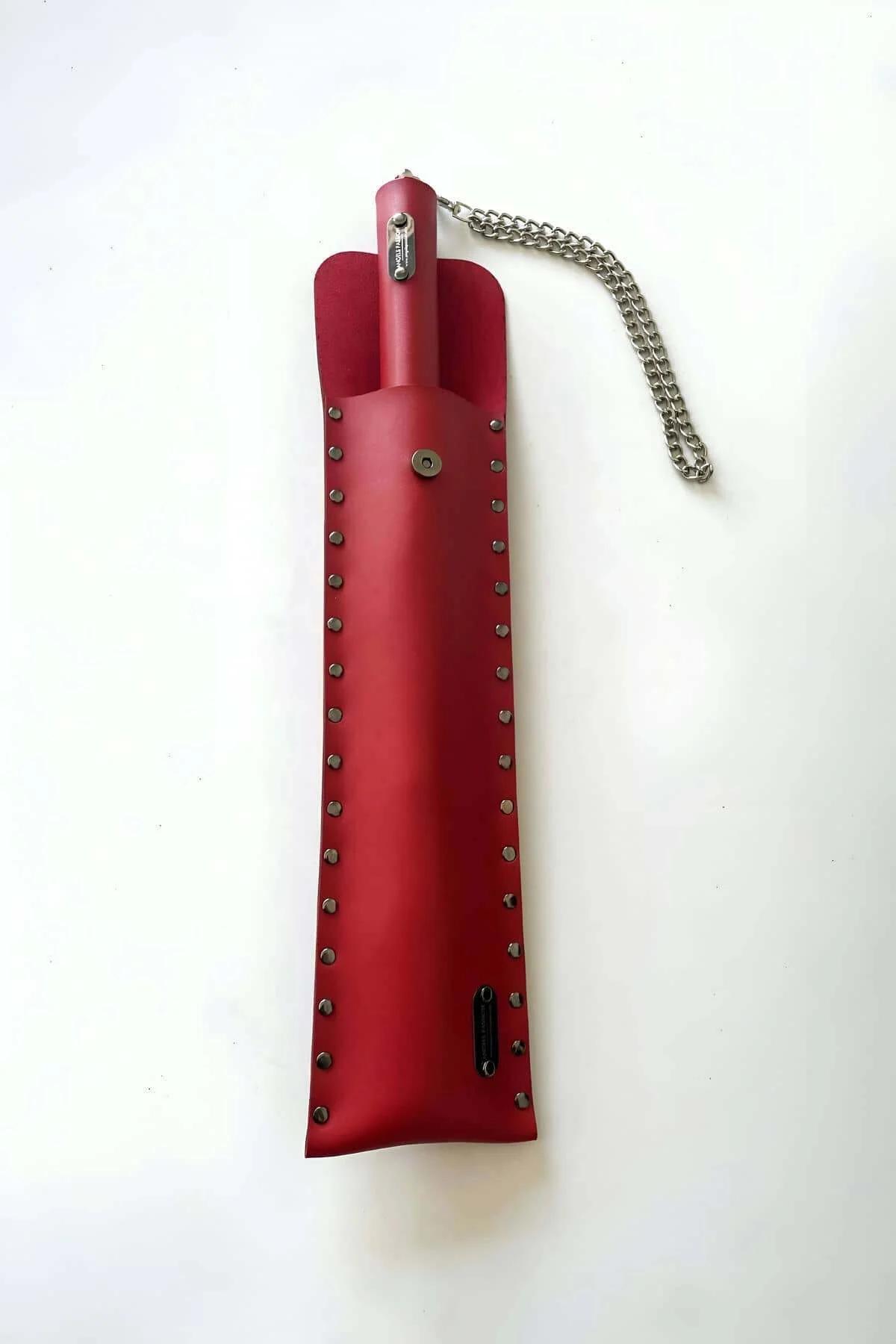 Red Faux Leather Fashion Flail with Studded Carry Pouch