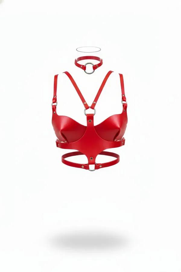 Red Structured Cup Harness Bra with O-Ring Choker
