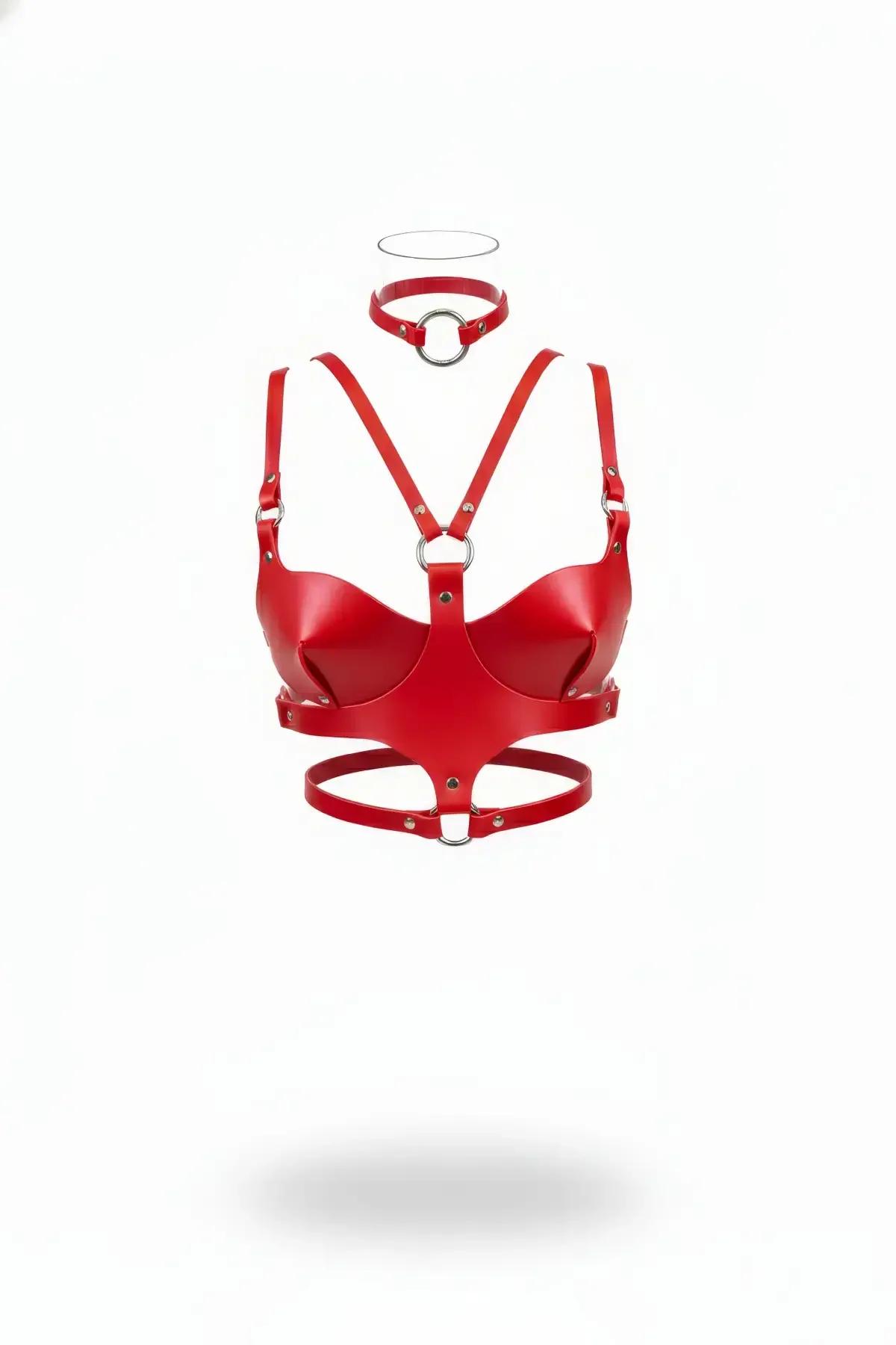 Red Structured Cup Harness Bra with O-Ring Choker