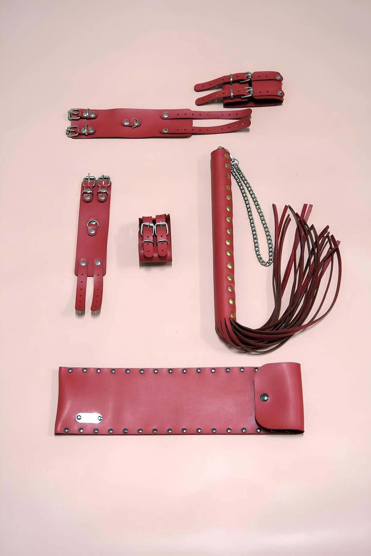 Red Vegan Leather Accessory Set with Handcuffs & Whip